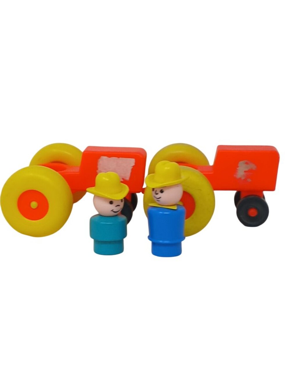2 Fisher Price Toy Tractors 2 Cowboys Wood Plastic Vintage #I-12
